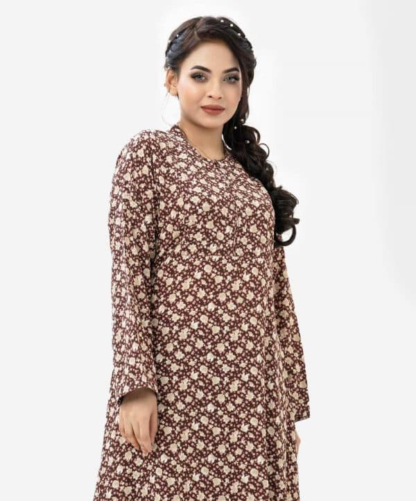 Women's A-line long tunic in floral printed georgette fabric. Stand collar, full sleeves.