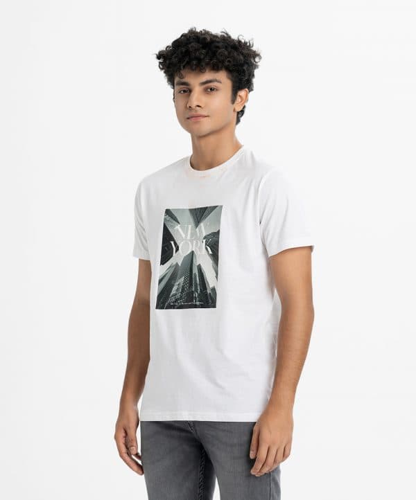 Men's t-shirt in cotton single jersey fabric. Crew neck, short sleeves. Print on the chest.