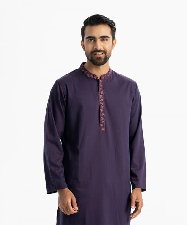 Men's premium panjabi in Jacquard fabric. Karchupi at mandarin collar with hidden buttons placket.