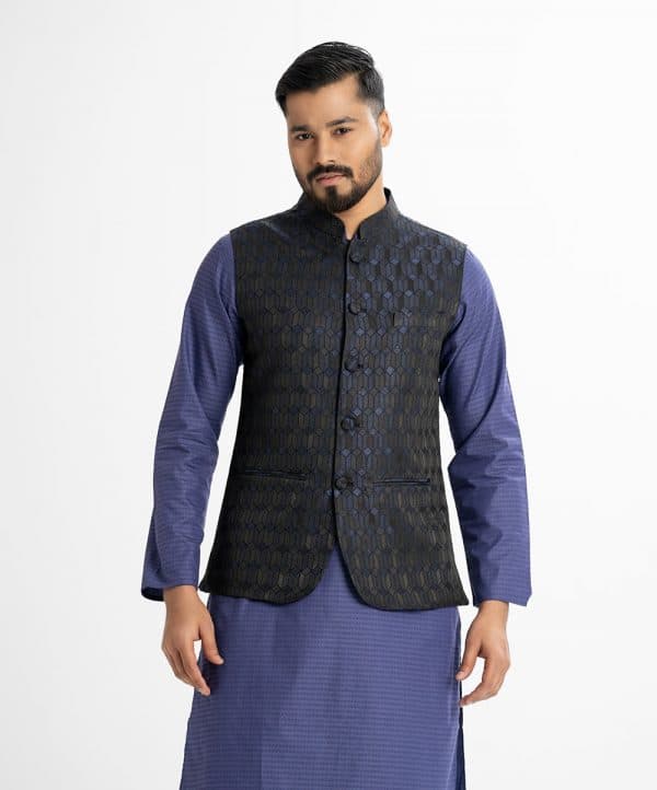 Men's Waistcoat in Jacquard fabric. Mandarin collar, sleeveless, straight hem with button closure and three pockets at front.