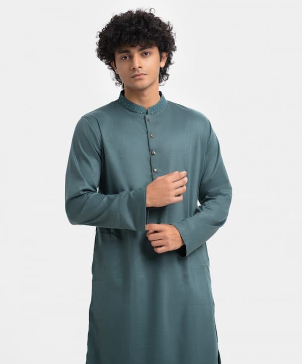 Teal Green Jacquard Fitted Panjabi