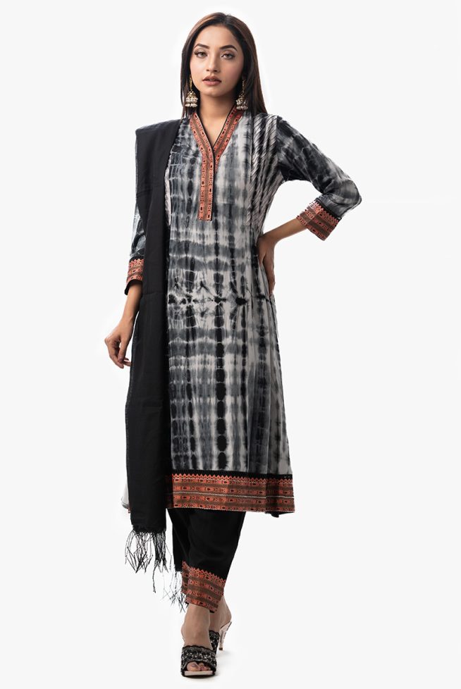 Black & White Shibori Dyed Salwar Kameez Set