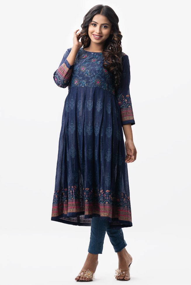 Flared Damask Tunic with Boxy Pleats