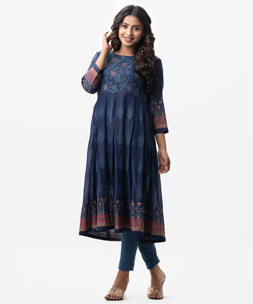 Flared Damask Tunic with Boxy Pleats