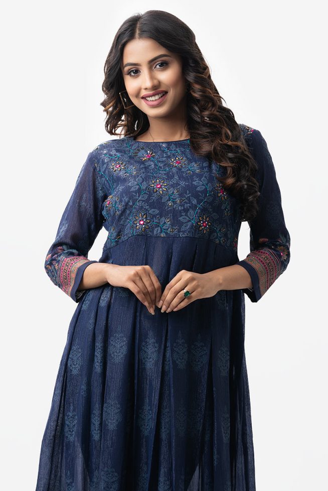 Flared Damask Tunic with Boxy Pleats