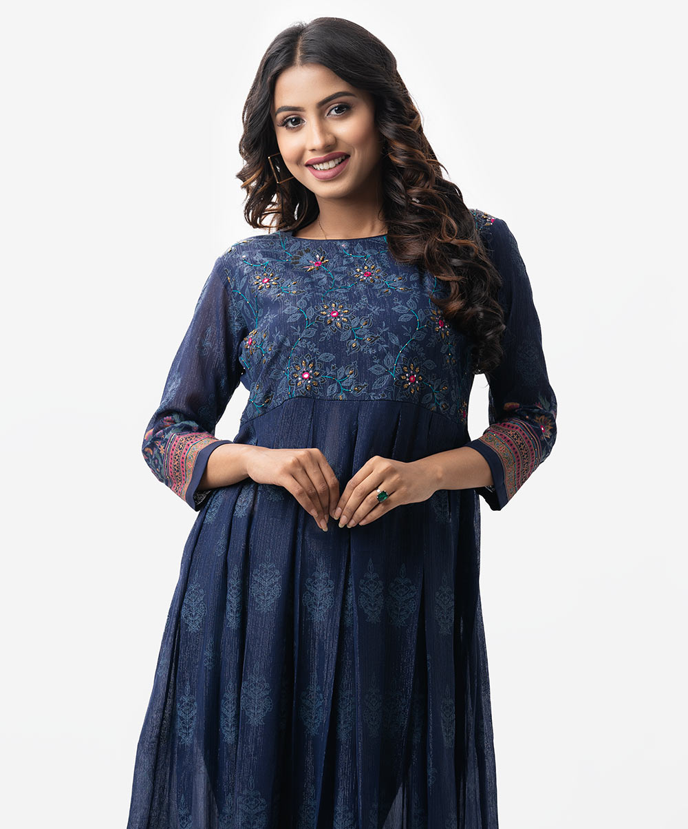 Flared Damask Tunic with Boxy Pleats