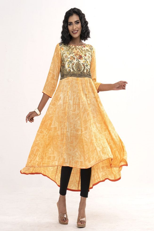 Yellow Crepe Frock Style Long Kameez