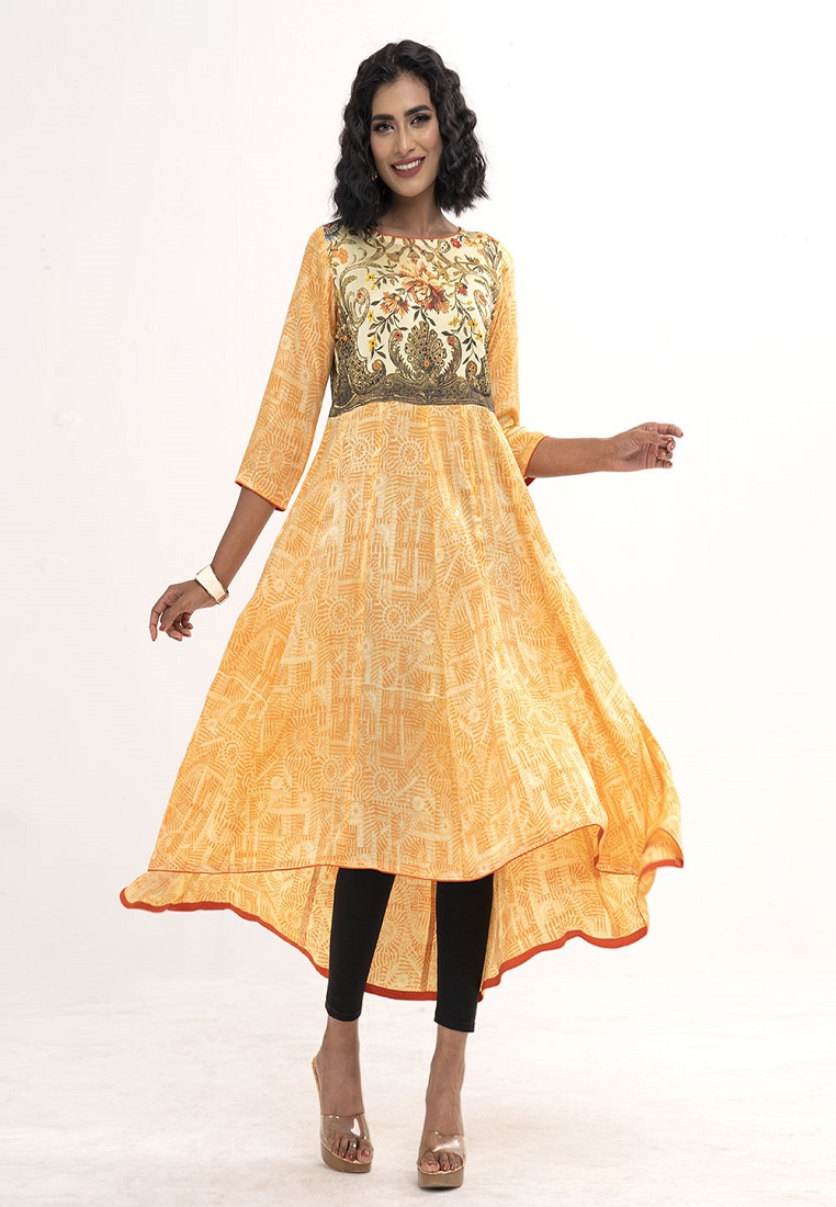 Yellow Crepe Frock Style Long Kameez
