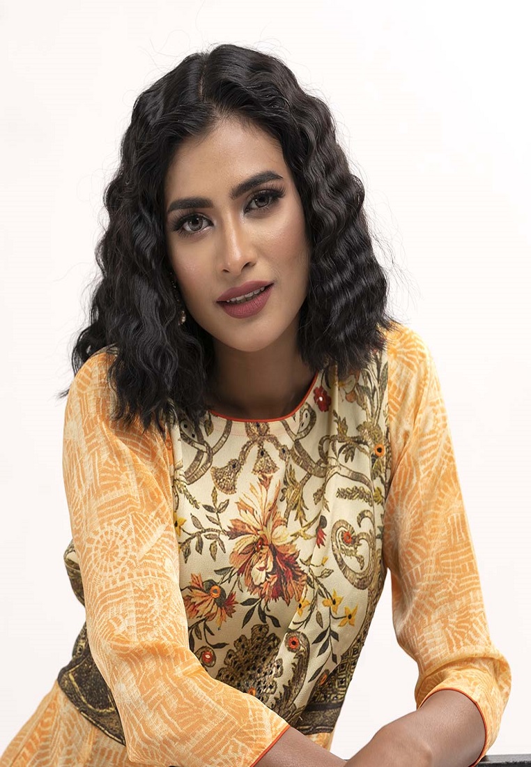 Yellow Crepe Frock Style Long Kameez