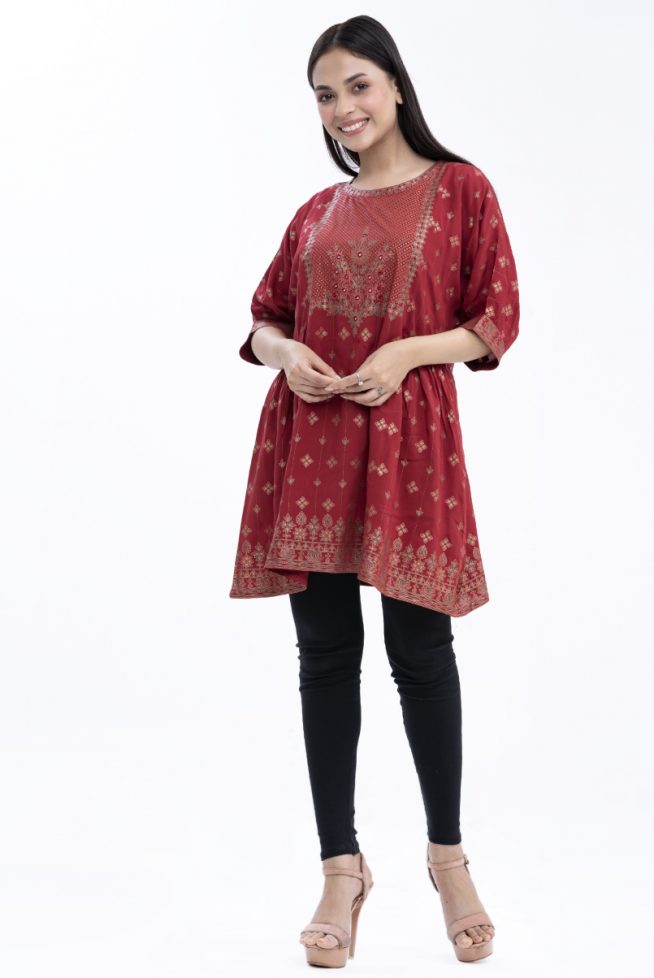 Gathered Waist Flared Tunic with Drop Puff Sleeves