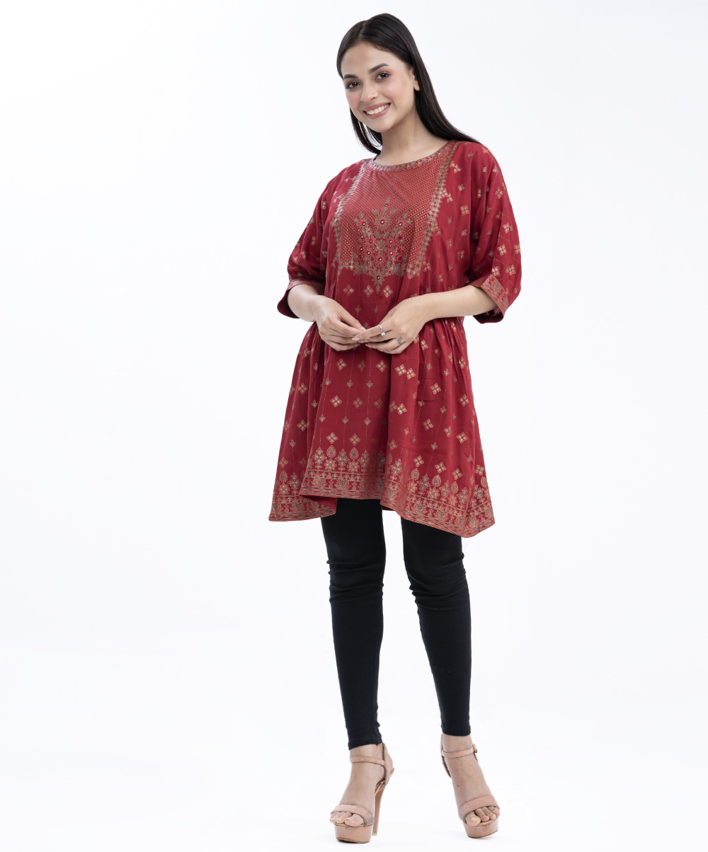 Gathered Waist Flared Tunic with Drop Puff Sleeves