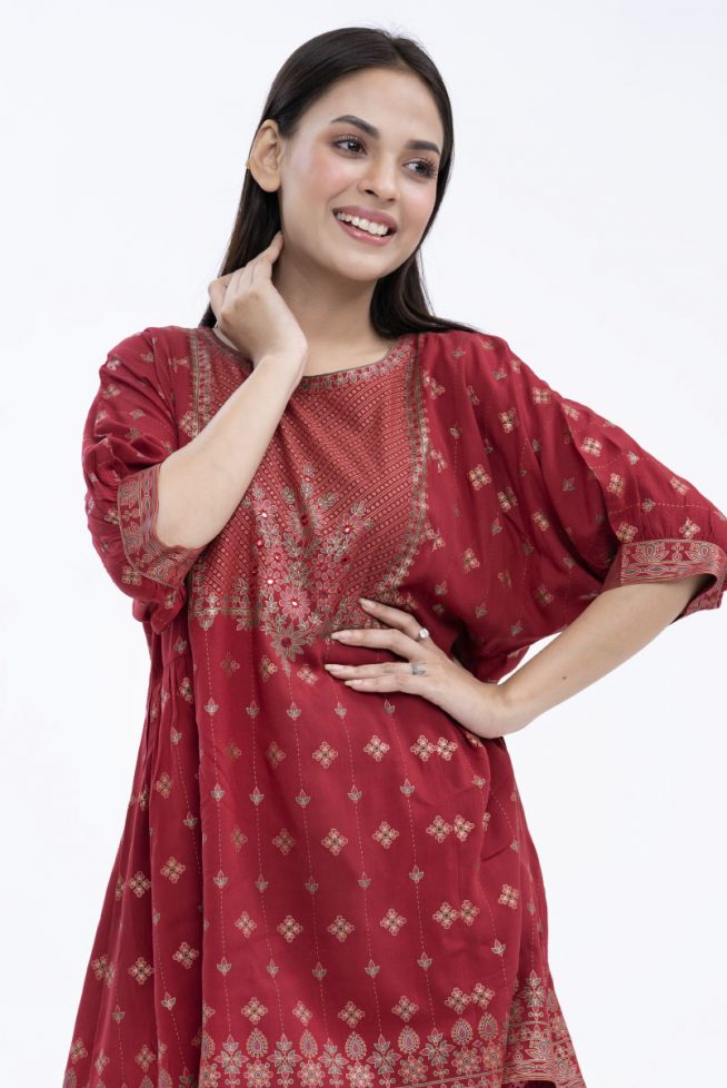 Gathered Waist Flared Tunic with Drop Puff Sleeves