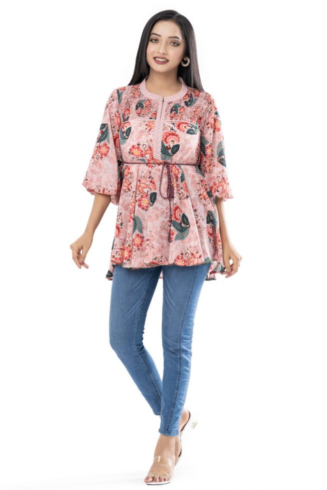 Traditional Floral Printed Blouson Style Top