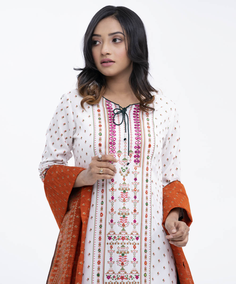 Ethnic Printed Patterned Tunic with Bottom & Blended Scarf
