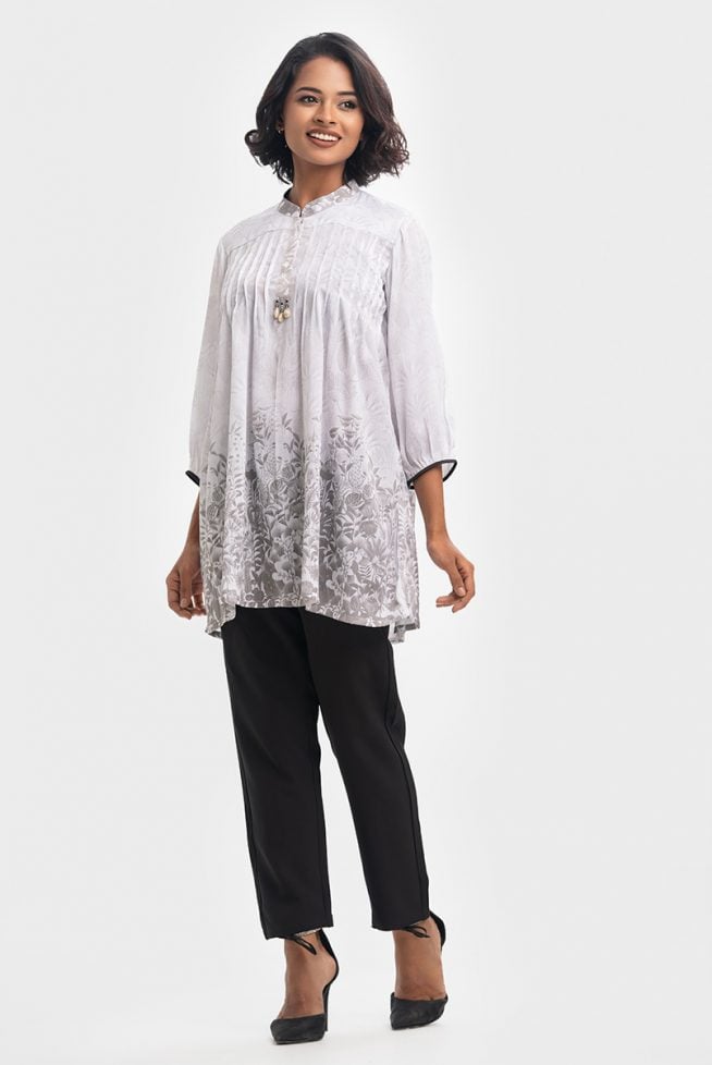 White Printed Mandarin Collar A-line Tunic
