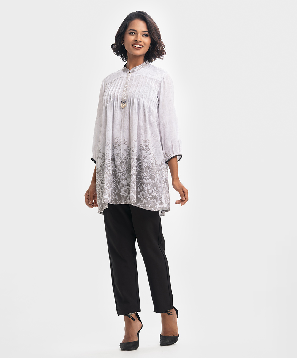 White Printed Mandarin Collar A-line Tunic