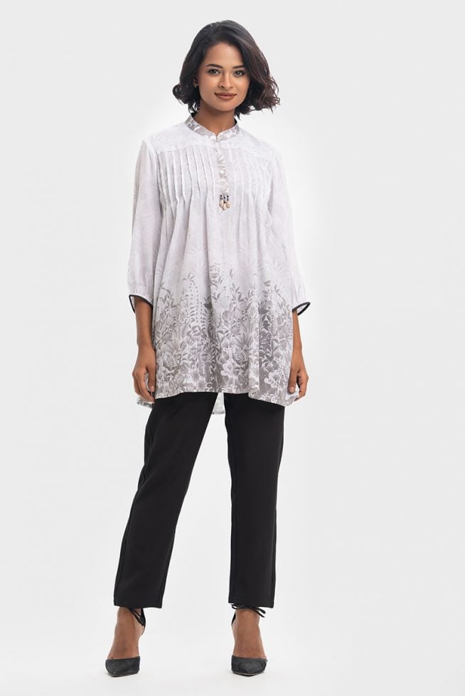 White Printed Mandarin Collar A-line Tunic