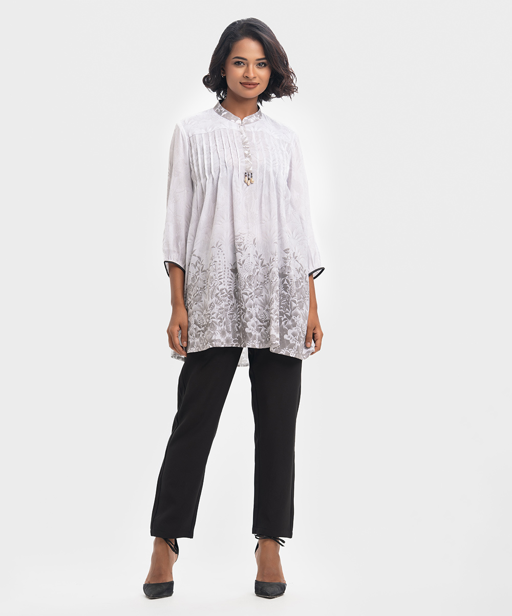 White Printed Mandarin Collar A-line Tunic