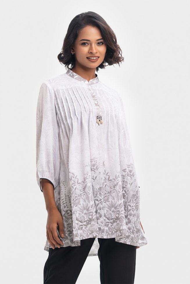 White Printed Mandarin Collar A-line Tunic