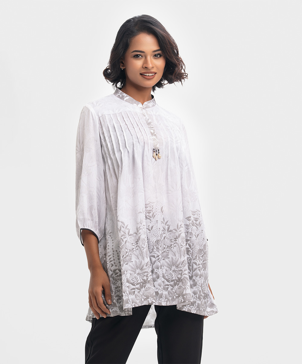 White Printed Mandarin Collar A-line Tunic
