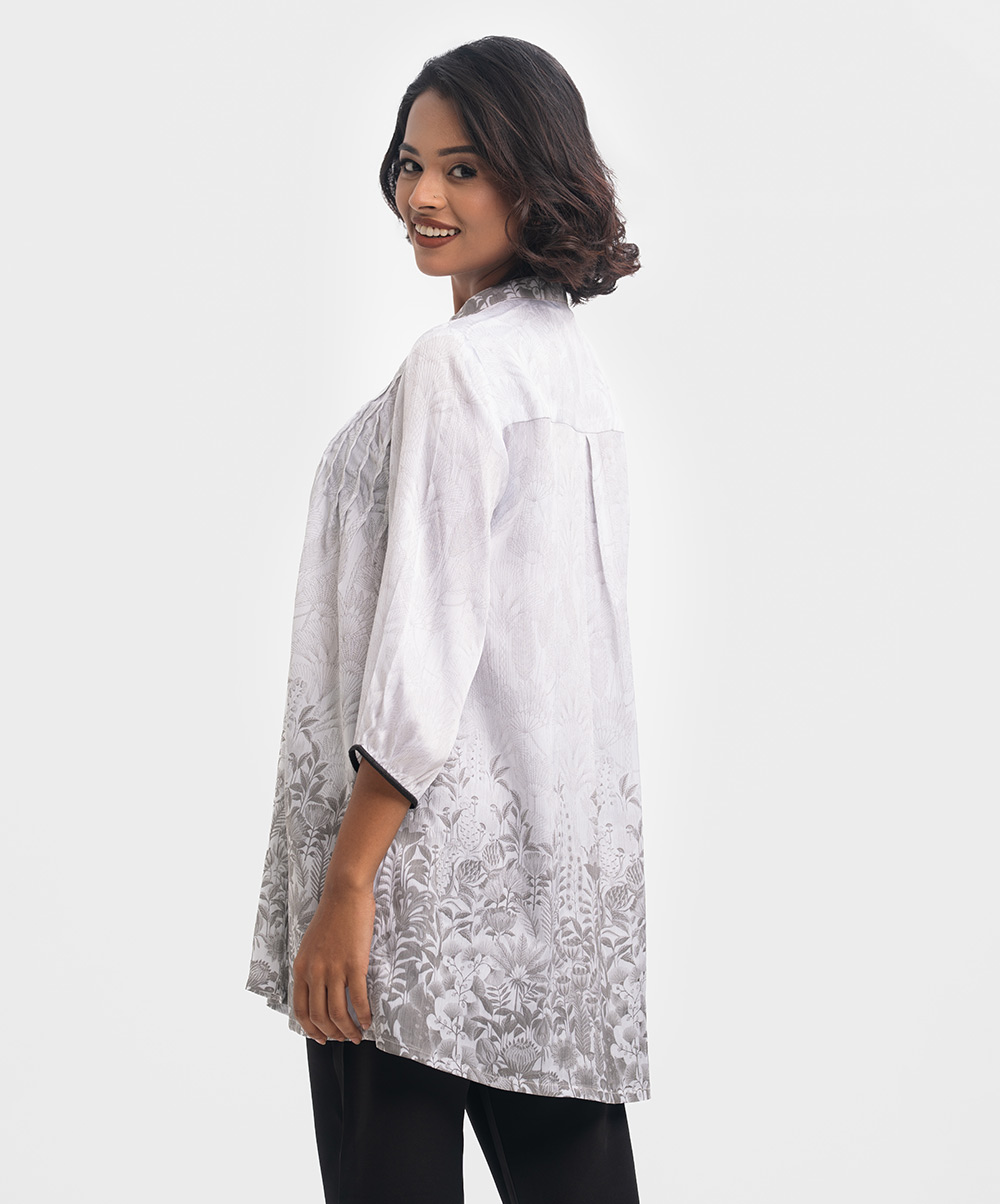 White Printed Mandarin Collar A-line Tunic