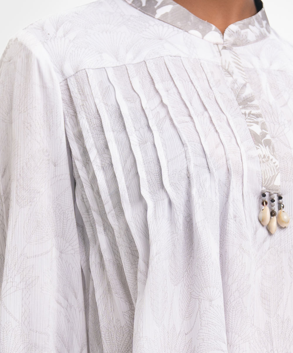 White Printed Mandarin Collar A-line Tunic