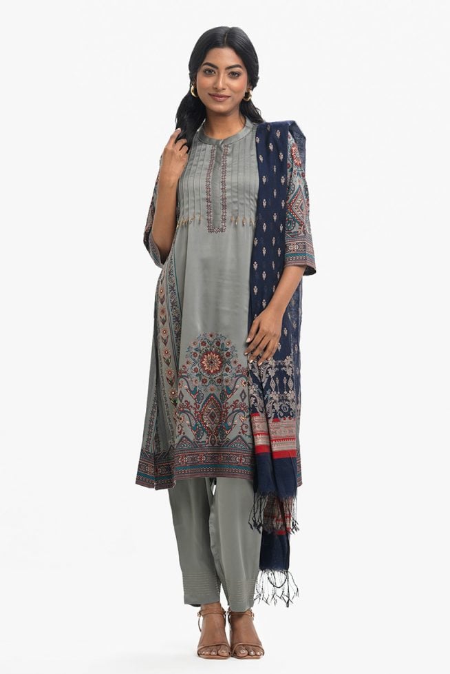 Grey Women's Ethnic Printed Salwar Kameez