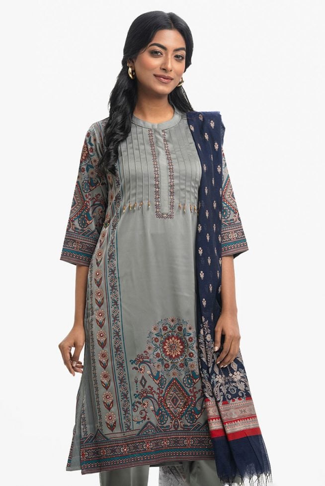 Grey Women's Ethnic Printed Salwar Kameez