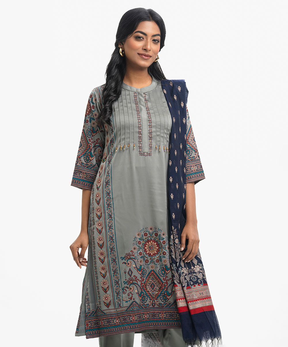 Grey Women's Ethnic Printed Salwar Kameez