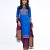 Blue all-over printed Salwar kameez set with silk kameez, crepe palazzo pants and printed silk dupatta. Embellished with karchupi and pleats. Unlined.