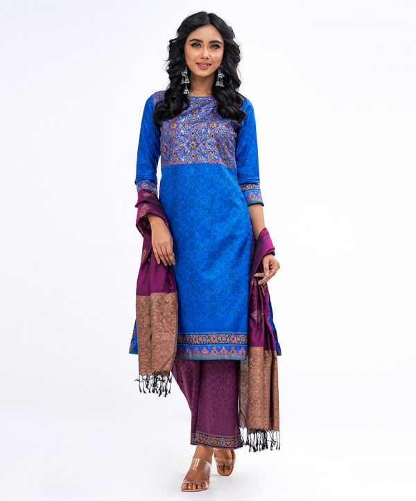 Blue all-over printed Salwar kameez set with silk kameez, crepe palazzo pants and printed silk dupatta. Embellished with karchupi and pleats. Unlined.