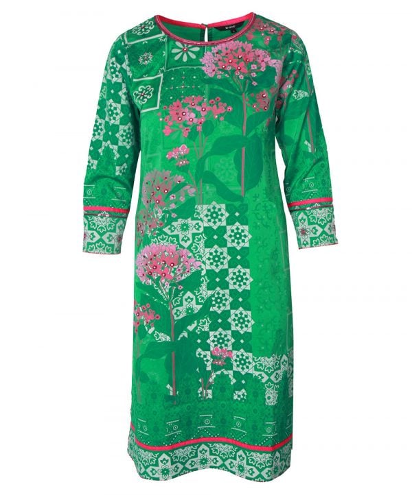 Single kameez, green colored crepe fabric, allover floral and geometric fusion print, full sleeve, round neck, side slit and handwork on front part.