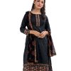 Black Salwar Kameez in Crepe fabric. Round neck, quarter sleeves, Muslin kameez with printed and karchupi. Crepe cigarette pants and muslin dupatta.