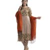 Golden all-over printed Salwar Kameez in Crepe fabric with karcupi. Half silk dupatta with pant cut Salwar.