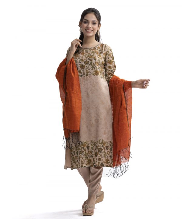 Golden all-over printed Salwar Kameez in Crepe fabric with karcupi. Half silk dupatta with pant cut Salwar.
