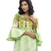 Lemon green colored Long Tunic in Crepe fabric. Round neckline with half band, back opening. Quarter sleeve with bell. Patch border on the hem. Karchupi works on the top front and sleeve.