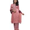 Pink all-over printed Salwar Kameez in crepe fabric. The Kameez is designed with a round neck and three-quarter sleeves. Embellished with embroidery at the front. Complemented by palazzo pants and printed chiffon dupatta.