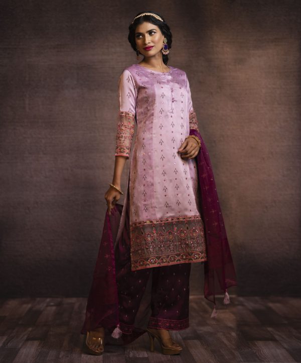 Purple all-over printed Salwar kameez with karchupi. Comes with a Dark-purple all-over printed palazzo in Crepe & a Muslin Dupatta.