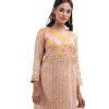 Off-white all-over printed straight-cut kameez in Crepe fabric. Embellished with zari embroidery on the top front and pintucks.