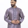 Gray premium Panjabi in Art-silk fabric. Designed with minimal karchupi on the hidden button placket.