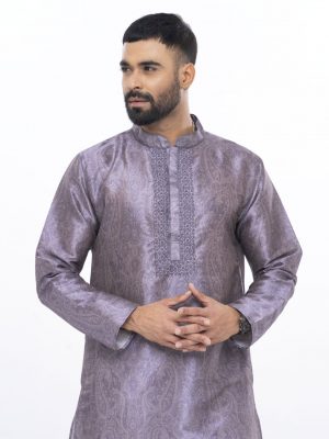 Gray premium Panjabi in Art-silk fabric. Designed with minimal karchupi on the hidden button placket.