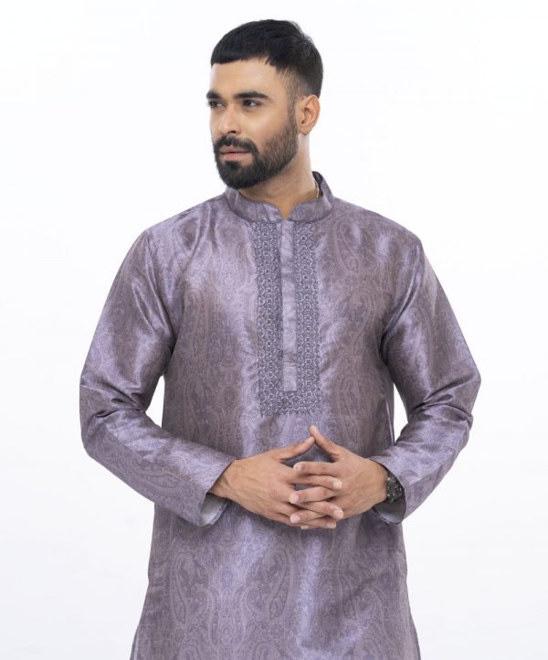 Gray premium Panjabi in Art-silk fabric. Designed with minimal karchupi on the hidden button placket.