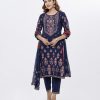 Navy-blue straight cut all-over printed salwar kameez suit in Viscose fabric. Designed with a round neck and three-quarter sleeves. Embellished with karchupi at the top front. Paired with straight cut Palazzo with matching patches on border lines. Complemented with printed Chiffon Dupatta. Single button opening at the back.