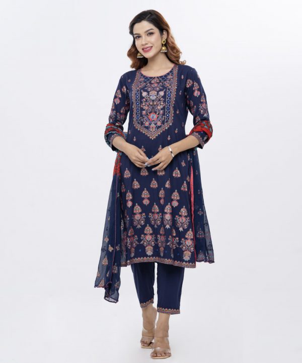Navy-blue straight cut all-over printed salwar kameez suit in Viscose fabric. Designed with a round neck and three-quarter sleeves. Embellished with karchupi at the top front. Paired with straight cut Palazzo with matching patches on border lines. Complemented with printed Chiffon Dupatta. Single button opening at the back.