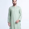 Mint Green Semi fitted Panjabi in Jacquard Cotton fabric. Designed with a mandarin collar and matching metal buttons on the placket.