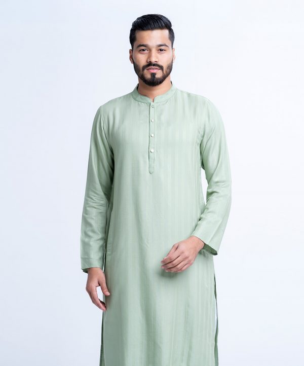 Mint Green Semi fitted Panjabi in Jacquard Cotton fabric. Designed with a mandarin collar and matching metal buttons on the placket.