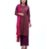 Burgundy all-over printed Salwar Kameez in Viscose fabric. The Kameez features a round neck and three-quarter sleeves. Embellished with karchupi at the top front. Complemented by all-over printed palazzo pants and tie-dye chiffon dupatta