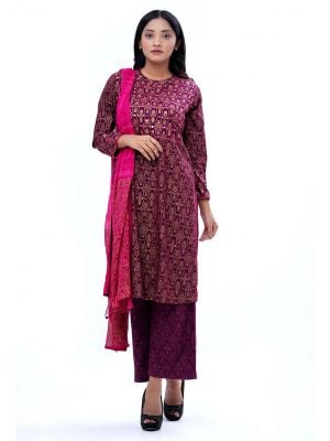 Burgundy all-over printed Salwar Kameez in Viscose fabric. The Kameez features a round neck and three-quarter sleeves. Embellished with karchupi at the top front. Complemented by all-over printed palazzo pants and tie-dye chiffon dupatta
