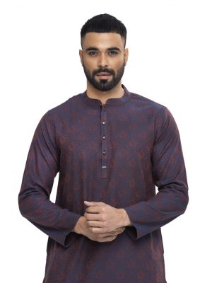 Blue semi-fitted Panjabi in Jacquard Cotton fabric. Designed with a mandarin collar and matching metal buttons on the placket.