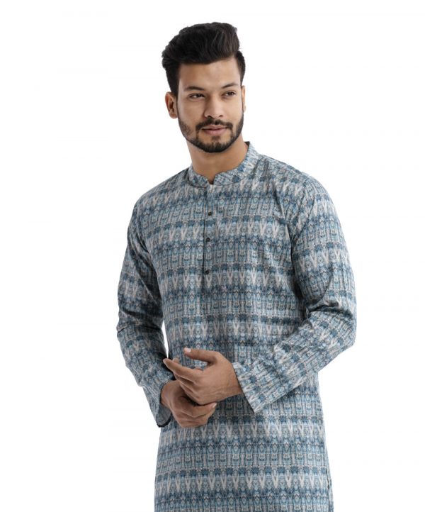Blue semi-fitted Panjabi in printed Cotton Panjabi. Designed with a mandarin collar and matching metal button on the placket.